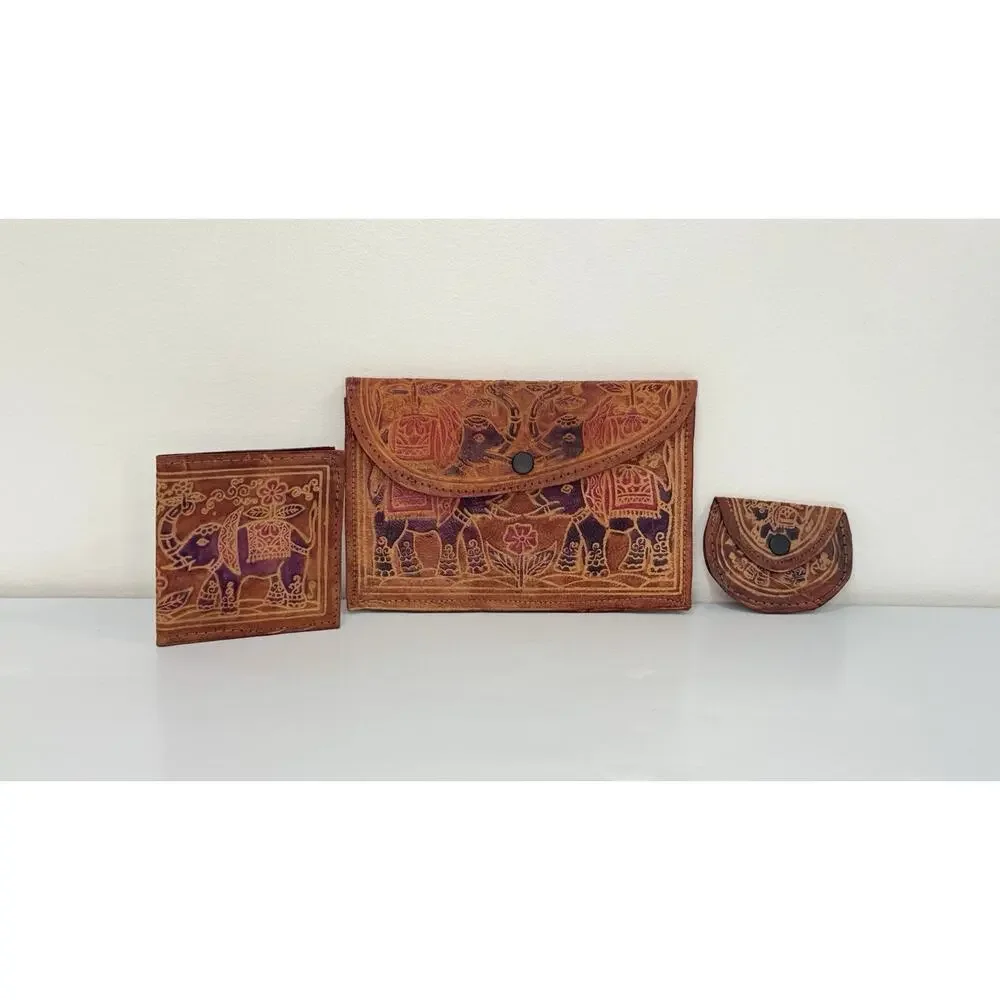 Vintage 3-Piece Leather Elephant Clutch Wallet Coin Hand Tooled India